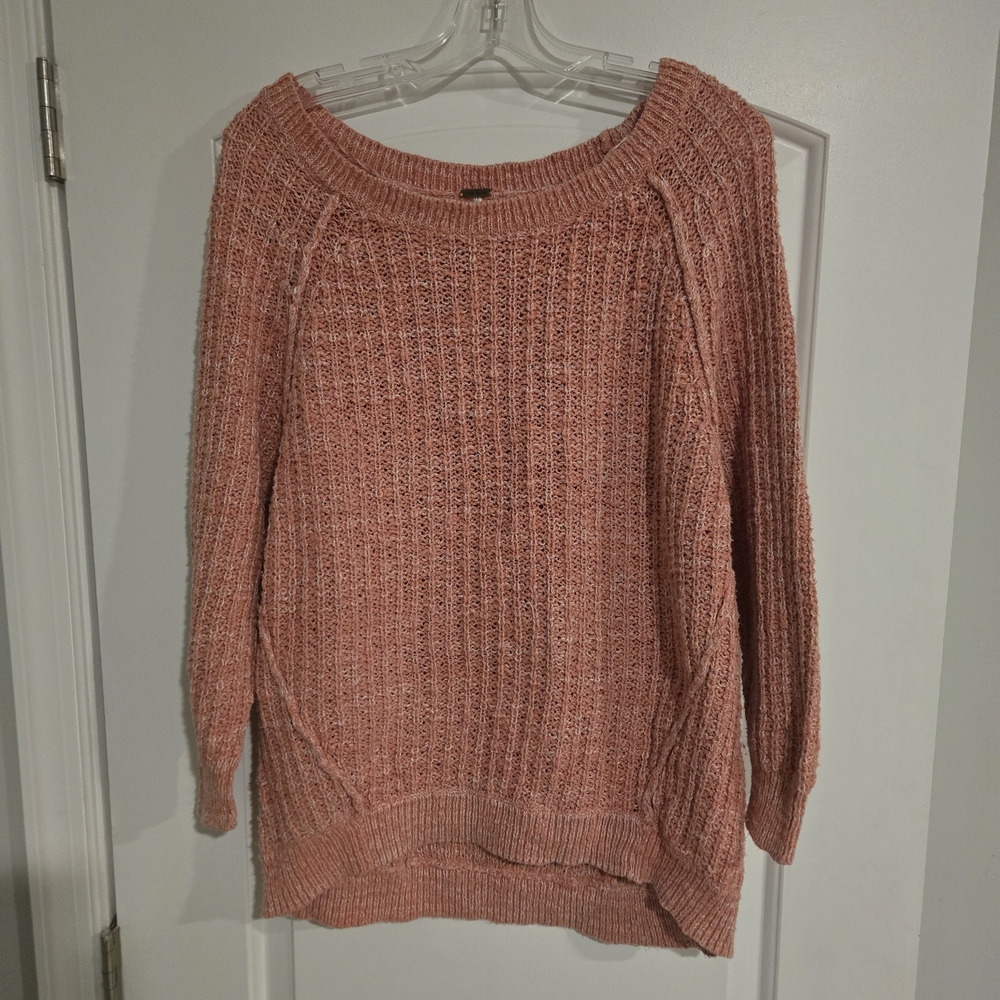 Free People Knit Sweater Size M Pink Long‎ Pullover See Through Knit